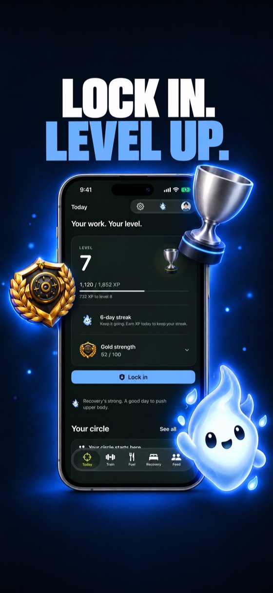 LockedIn Today screen: level 7, six day streak and the Lock in button