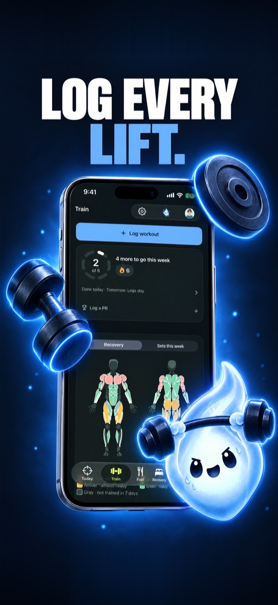 Train tab with workouts and the muscle recovery map
